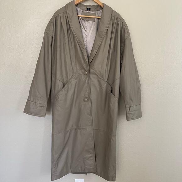 VTG Jacqueline Ferrar Leather Trench Coat Womens Size Large Taupe Longline - Picture 1 of 8